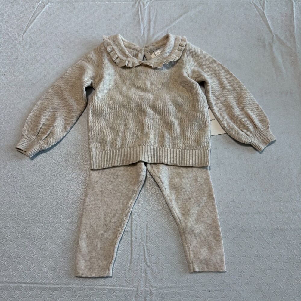 Nordstrom Baby 2pc Knit Ruffle Collar Sweater & Leggings Set Beige 9M NWT